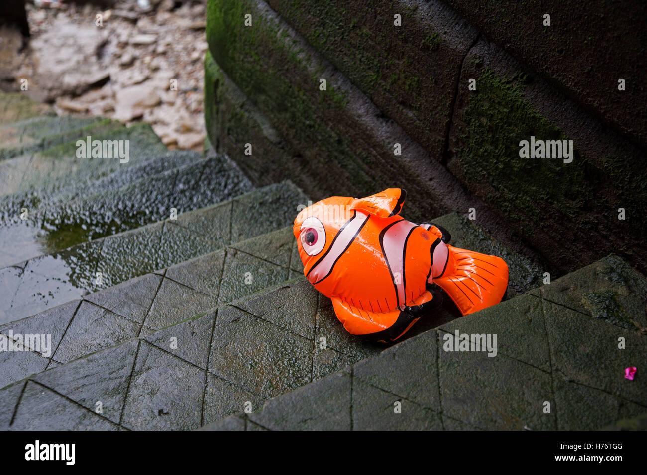 Caractère de Nemo gonflable échoués sur quelques vieilles marches menant jusqu'à la Tamise à Londres, Angleterre, Royaume-Uni. Le monde de Nemo est un 2003 d'animation par ordinateur américain comédie dramatique du film d'aventure produit par Pixar Animation Studios et publié par Walt Disney Pictures. Banque D'Images