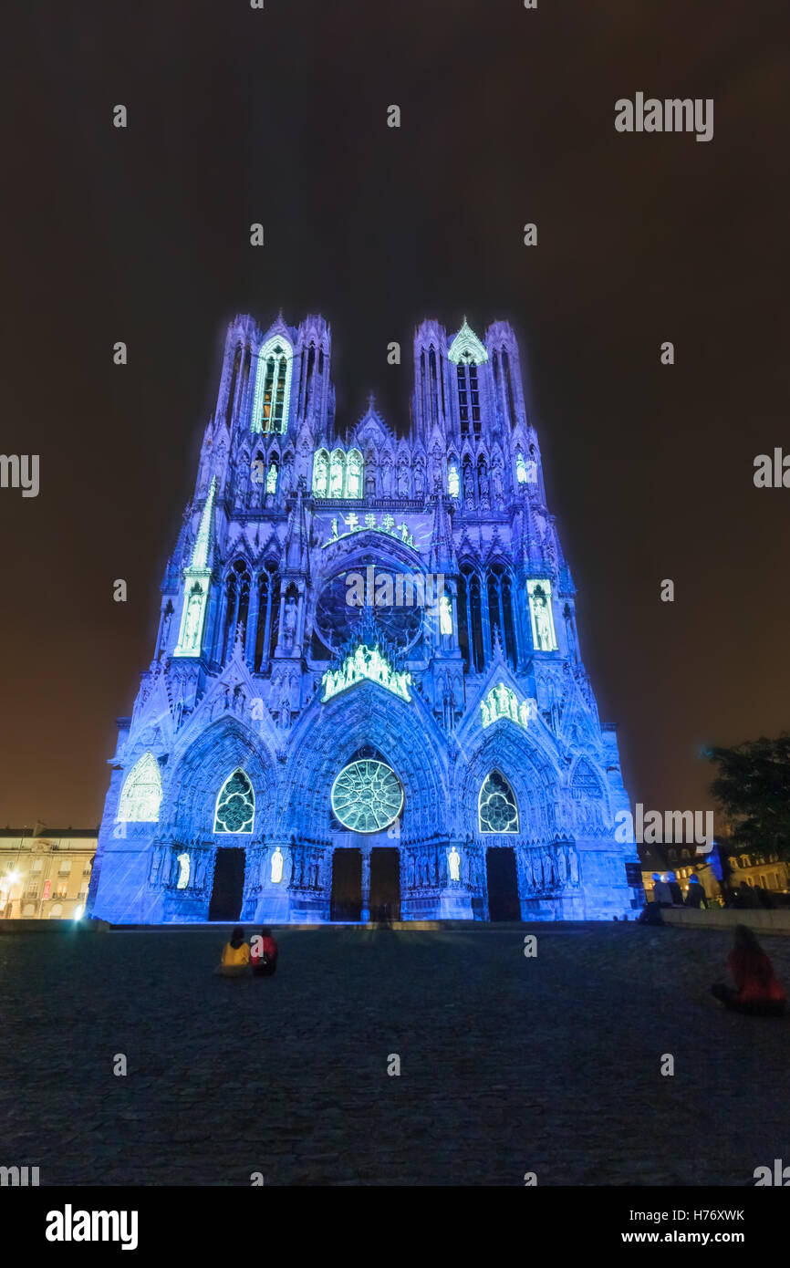 Spectacle léger à la cathédrale de Notre-Dame de Reims, Reims, France Banque D'Images