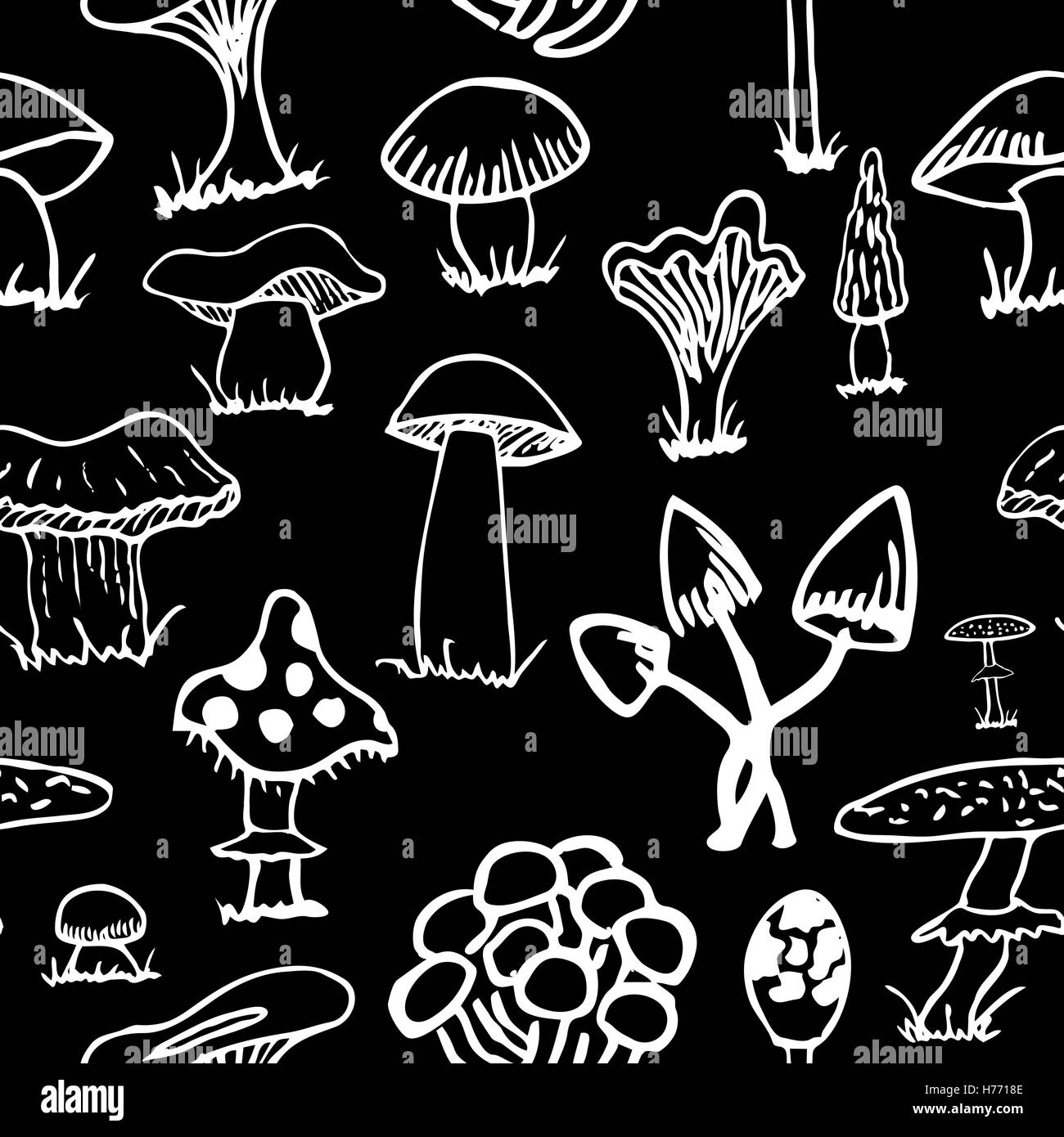 Jeu de silhouettes blanches de cute cartoon champignons isolé sur fond noir. Illustration de Vecteur