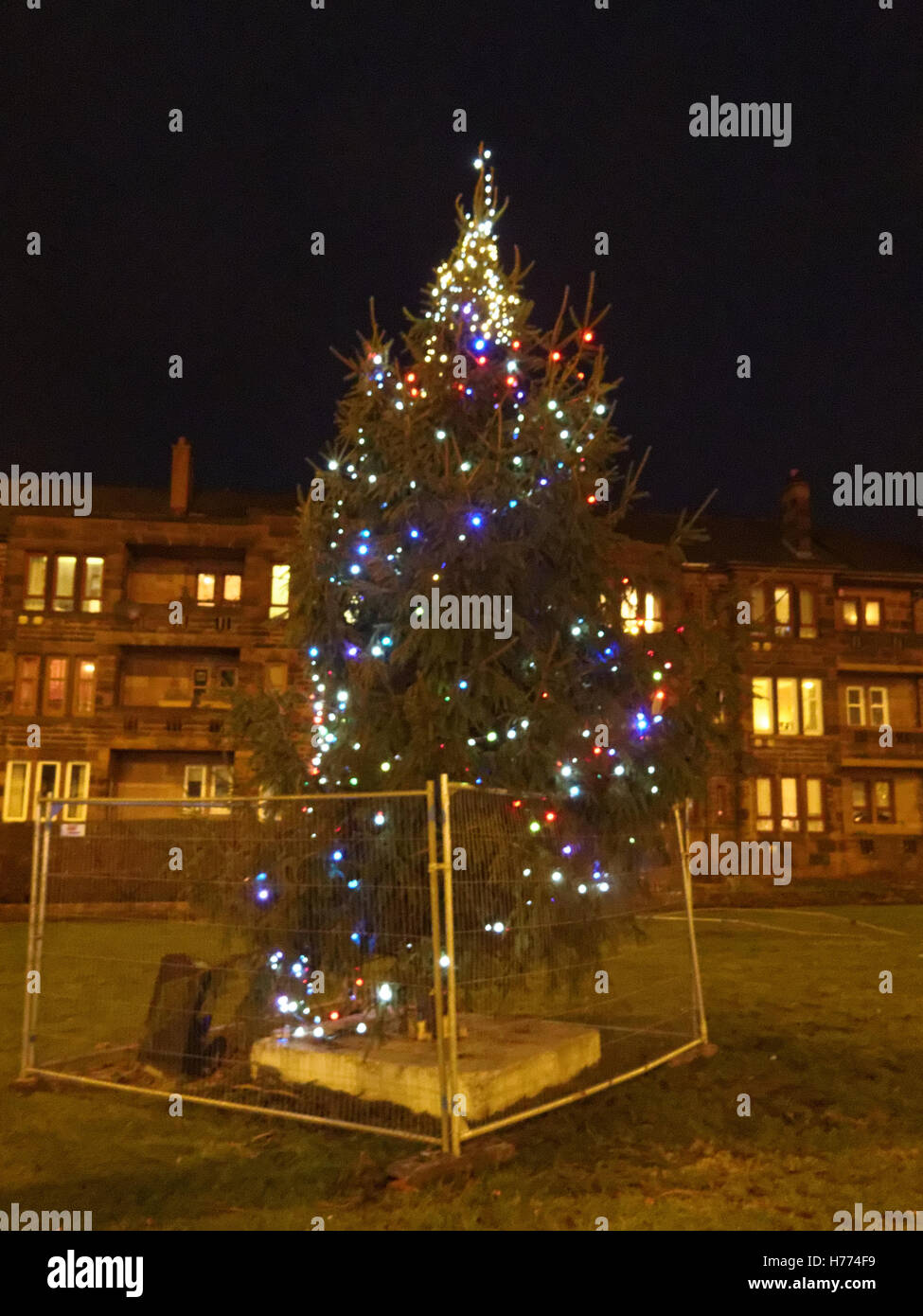 Arbre de Noël de la santé et de la sécurité derrière les barrières de sécurité Banque D'Images