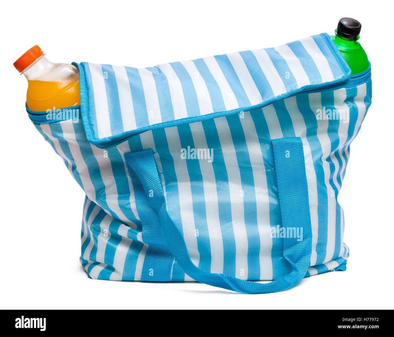 Rayés bleus permanent fermé sac refroidisseur avec plein de fraîcheur des boissons rafraîchissantes Banque D'Images