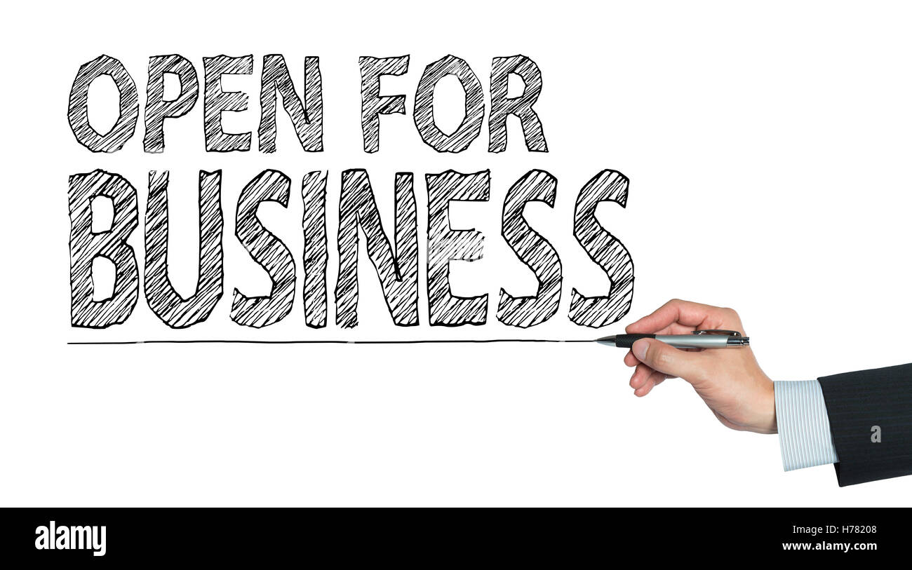 Ouvert aux affaires écrit à la main, la main sur la photo, transparent Banque D'Images