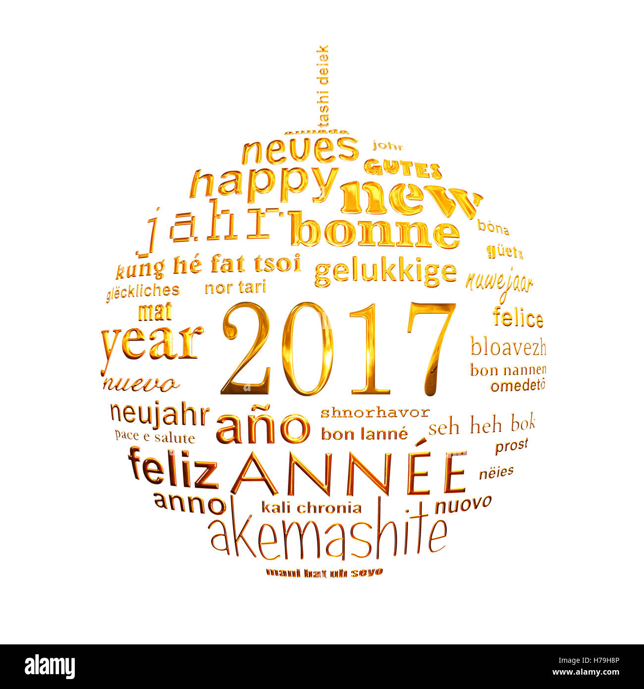 Nouvel an 2017 nuage de mots de texte multilingue carte de souhaits en forme de boule de noël Banque D'Images