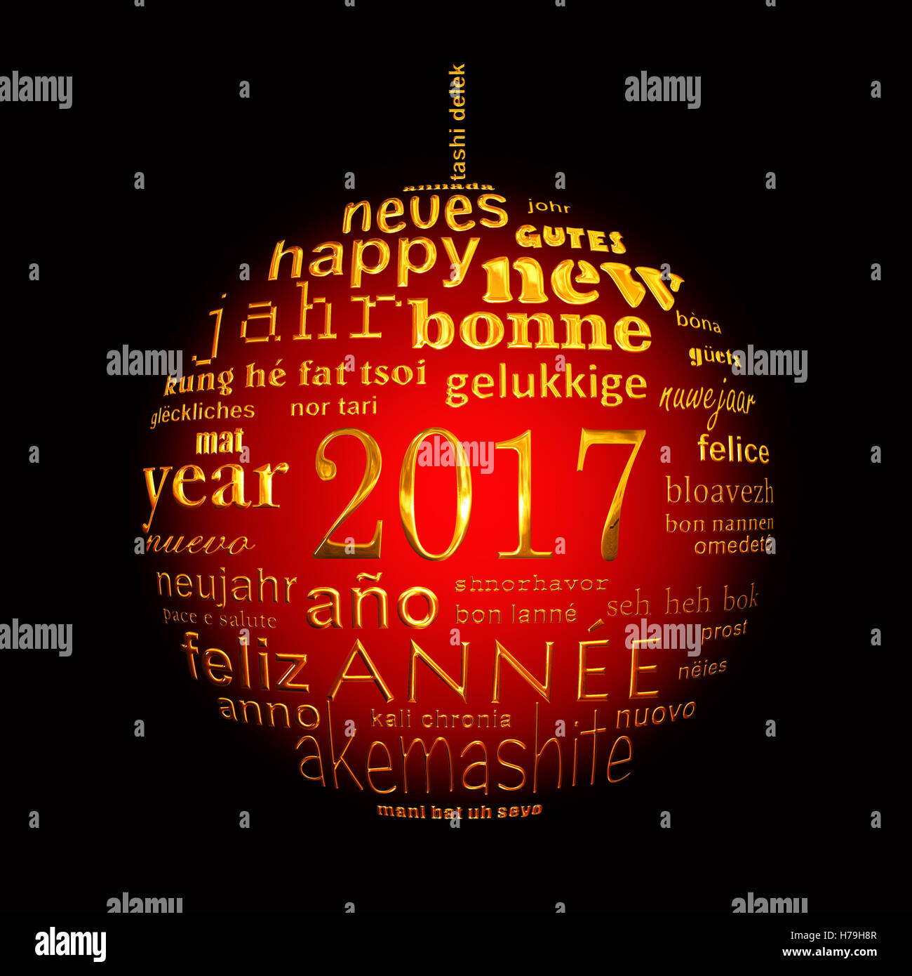 Nouvel an 2017 nuage de mots de texte multilingue carte de souhaits en forme de boule de noël Banque D'Images