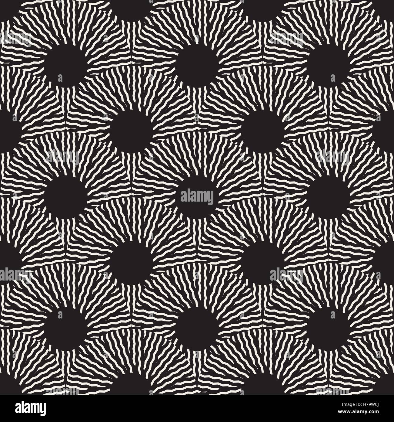 Seamless Vector Art optique Noir et Blanc Ronde Motif cercles de rayons en ZigZag Illustration de Vecteur