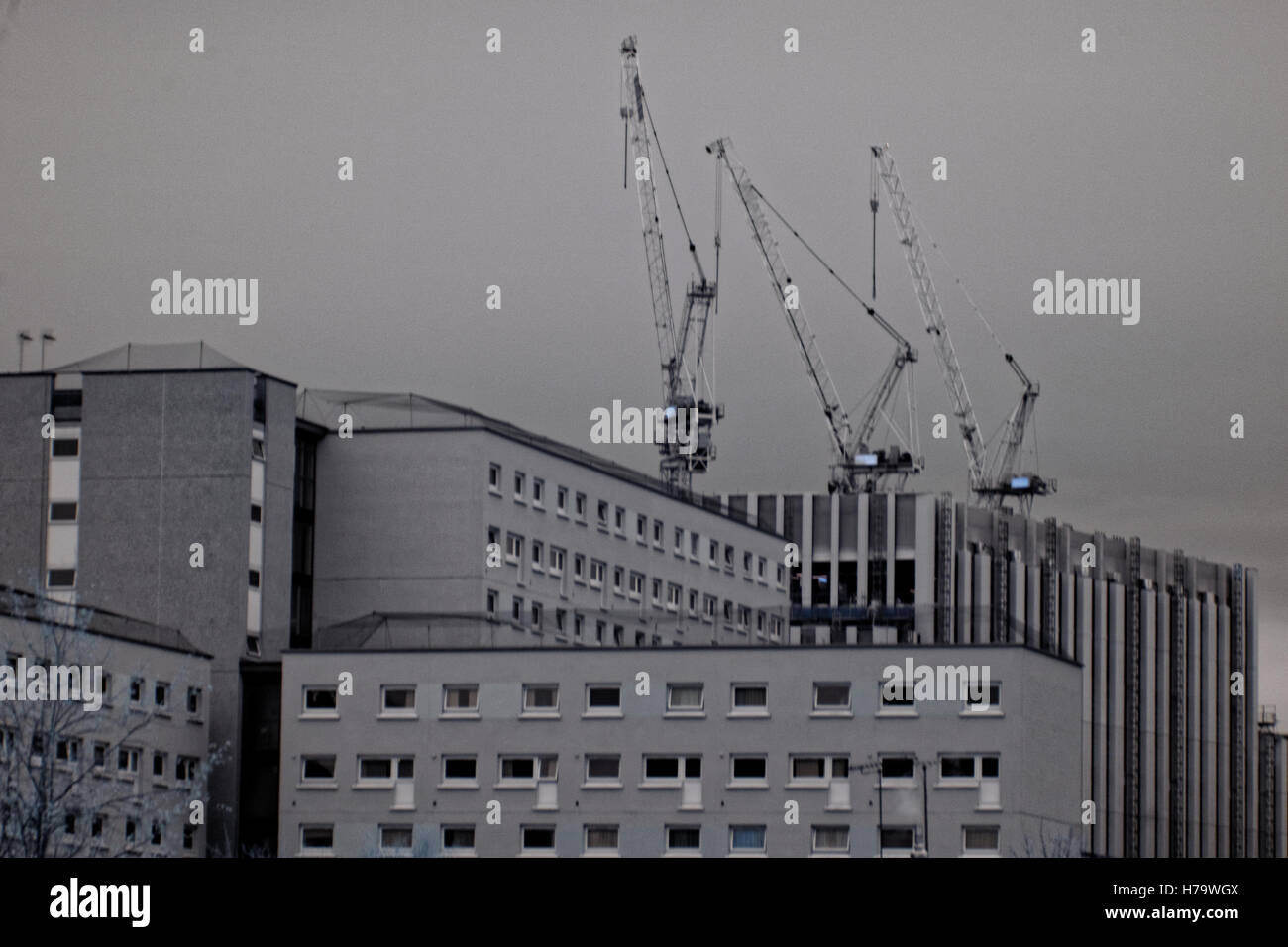 Bâtiment moderne des années 60 avec des grues sur l'horizon de vie de la classe ouvrière sous forme graphique Banque D'Images