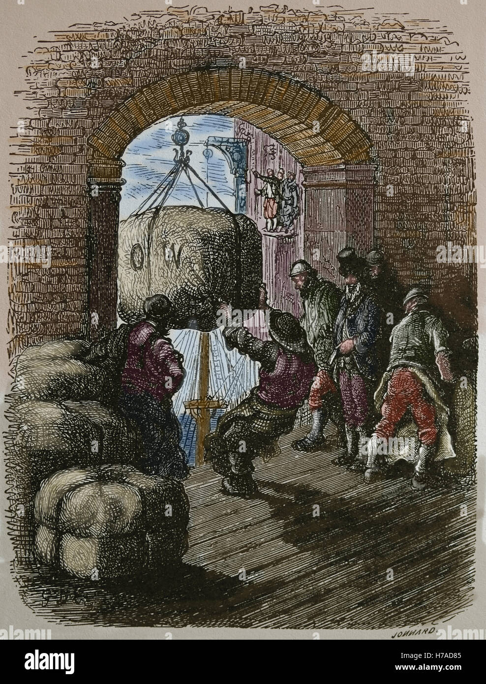 United Kingdom. Londres. Porteurs au travail. Dock. Engrving par Gustave Dore, 19e. Londres : un pèlerinage. La couleur. Banque D'Images
