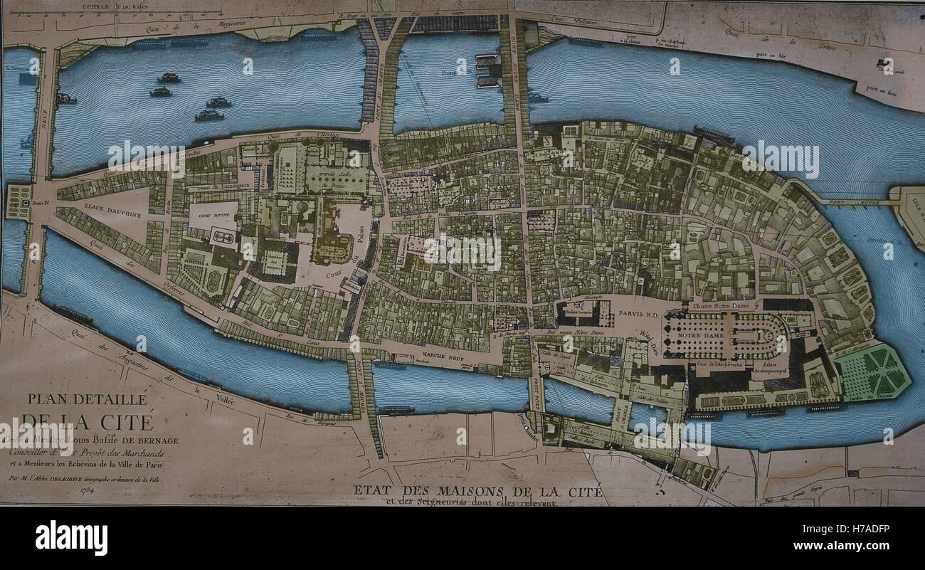 Plan détaillé de l'Ile de la Cité, 1754. Gravure de l'abbé Jean Delagrive (1689-1757). La couleur. Banque D'Images