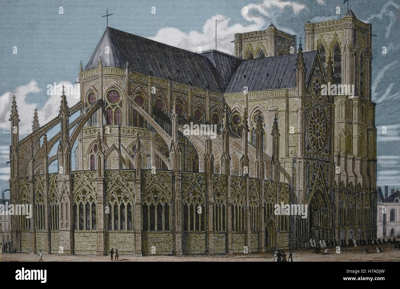 La France. Paris. Notre-Dame. Gravure par Radcliffe, 1829. Plus tard la couleur. Banque D'Images