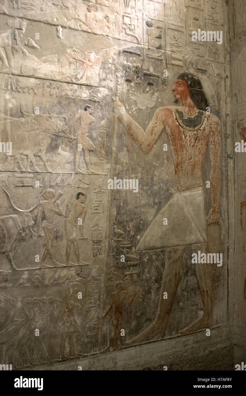 L'Égypte. Saqqara. Mastaba de Ptahhotep et Akhethotep. 5ème dynastie. Vieux Royaume. Vizirs égyptiens. Père et fils. Soulagement lorsque le défunt est représenté debout avec canne. Banque D'Images