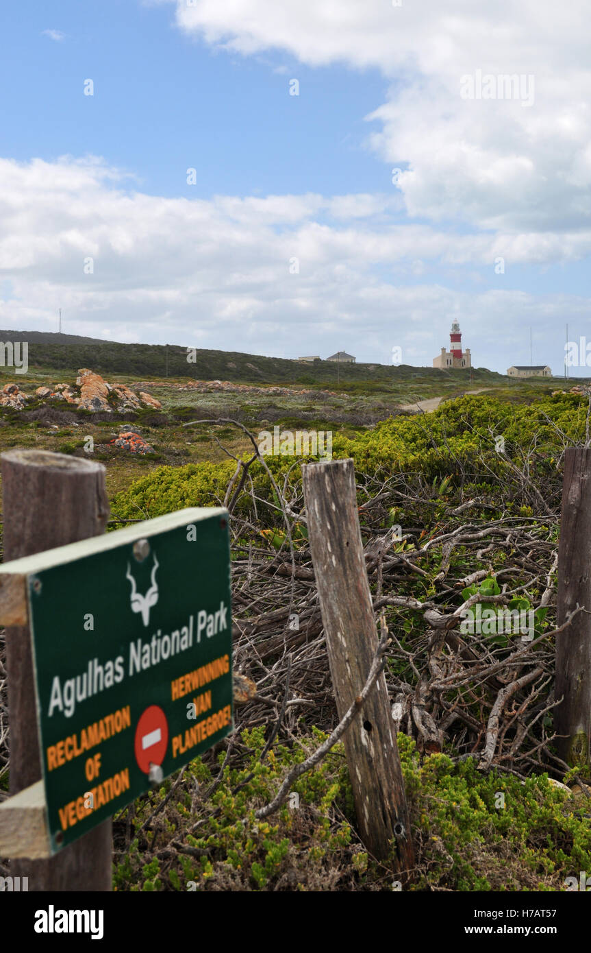 Afrique du Sud : le cap Agulhas Lighthouse, construit en 1849 sur l'extrémité sud du village de L'Agulhas, avec le signe de l'Agulhas National Park Banque D'Images