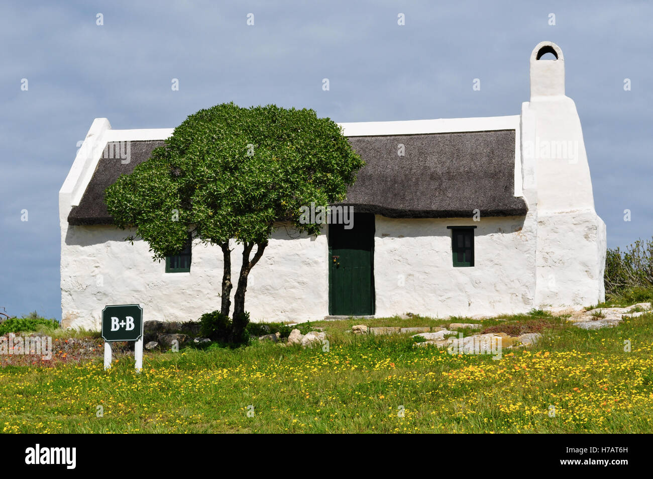 L'Afrique du Sud, sur la route de cap Agulhas : paysage idyllique à la campagne avec un white Bed and Breakfast, une pelouse verte et fleurs jaune Banque D'Images