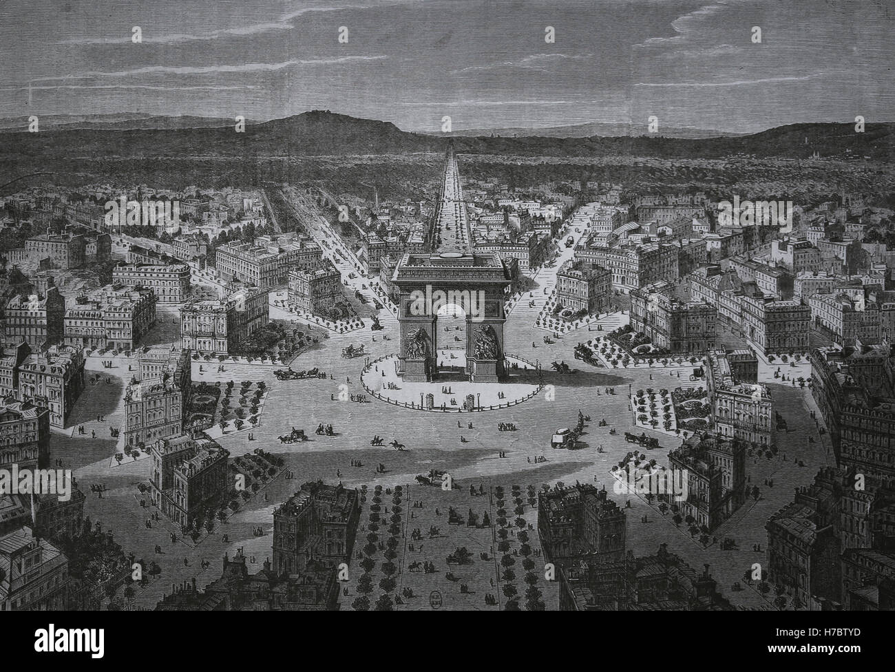 La France. Paris. L'Arc de Triomphe. Place de l'Etoile. Gravure par Bertrand, 19e siècle. Banque D'Images