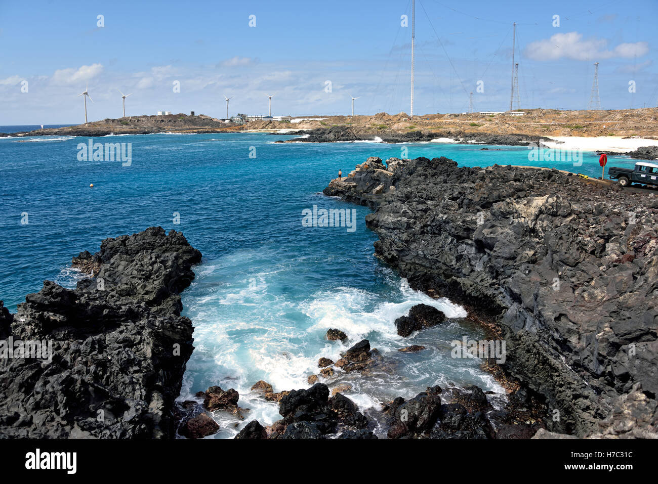 North Point et La Baie des Anglais avec la BBC et l'antenne de la station relais éoliennes Banque D'Images
