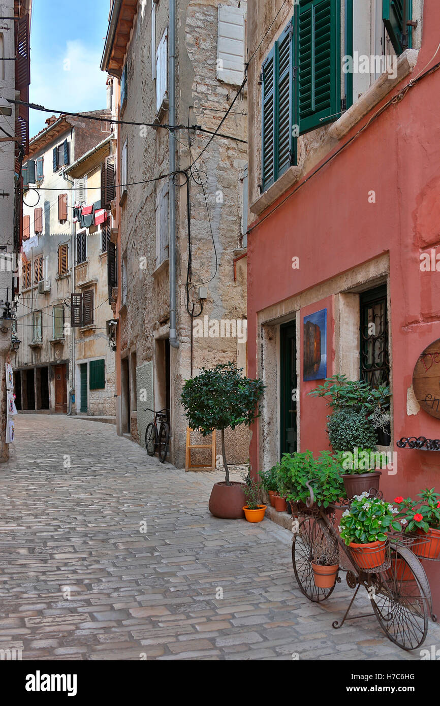 Rue tranquille, avec ses maisons colorées dans la ville de Rovenj sur la péninsule d'Istrie en Croatie. Banque D'Images