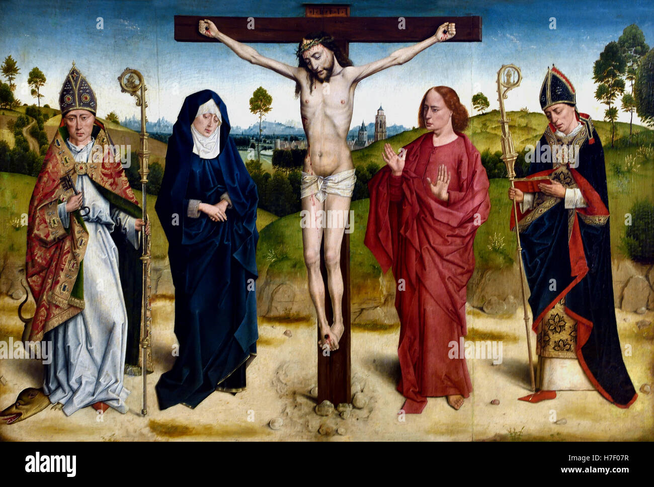 Le Christ sur la croix entre Marie et saint Jean Adolphe et Ambrosius par ( ) de la relève - Dirk - Diedrick Dieric Bouts Néerlandais Pays-Bas 1410-1475 Banque D'Images