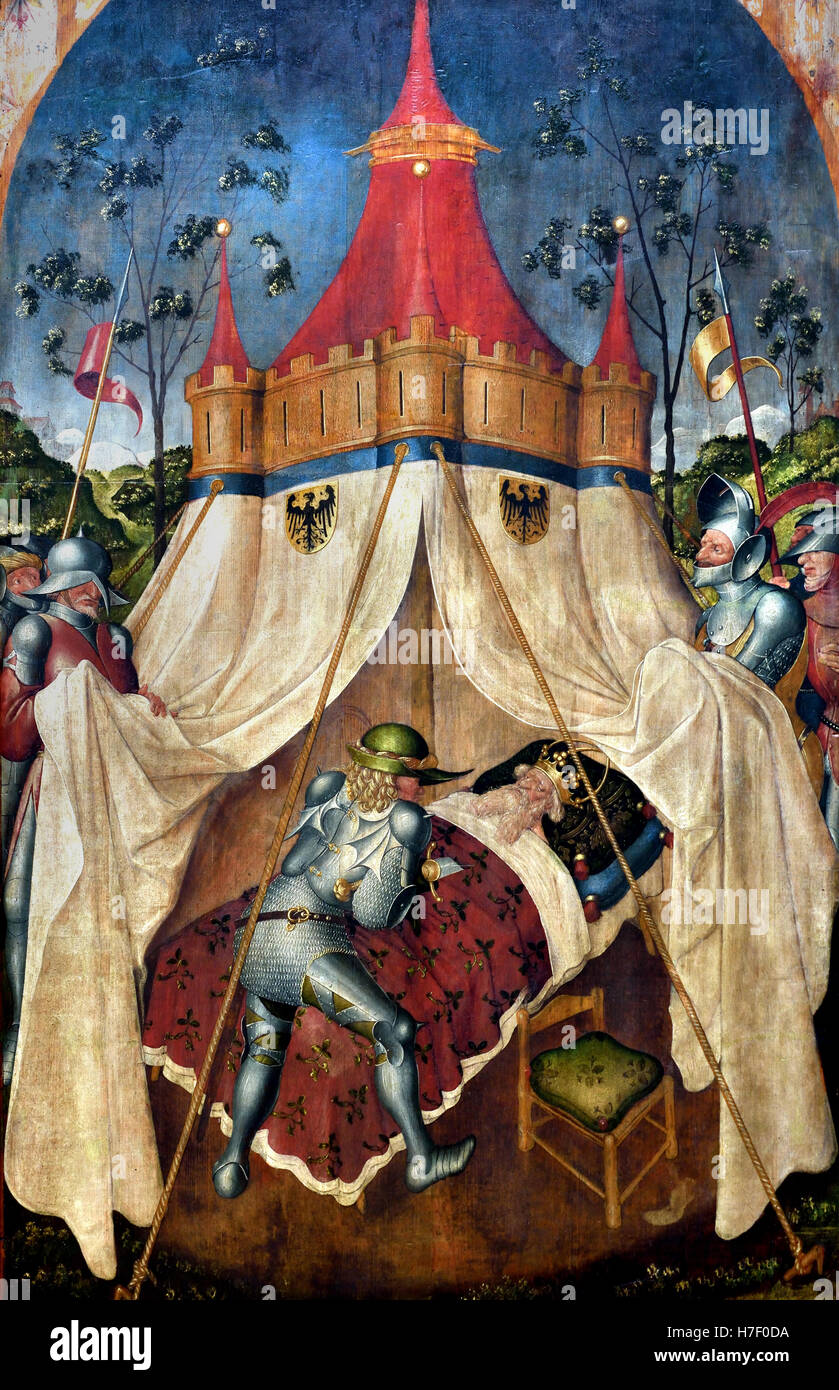 L'assassinat du roi Moabite Églon par Ehoud Gabriel Angler 1404 dans Monheim (souabe) 1483 peintre de Munich et panneau de fresque du Quartier Gothique Allemand Allemagne ( Églon était le roi de Moab qui opprima Israël à l'époque du Livre des juges. ) Banque D'Images