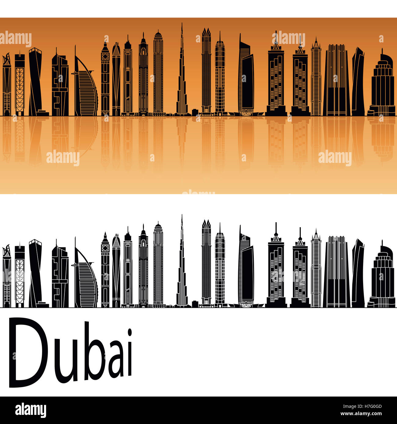 Dubai skyline V2 à fond orange en fichier vectoriel éditable Banque D'Images