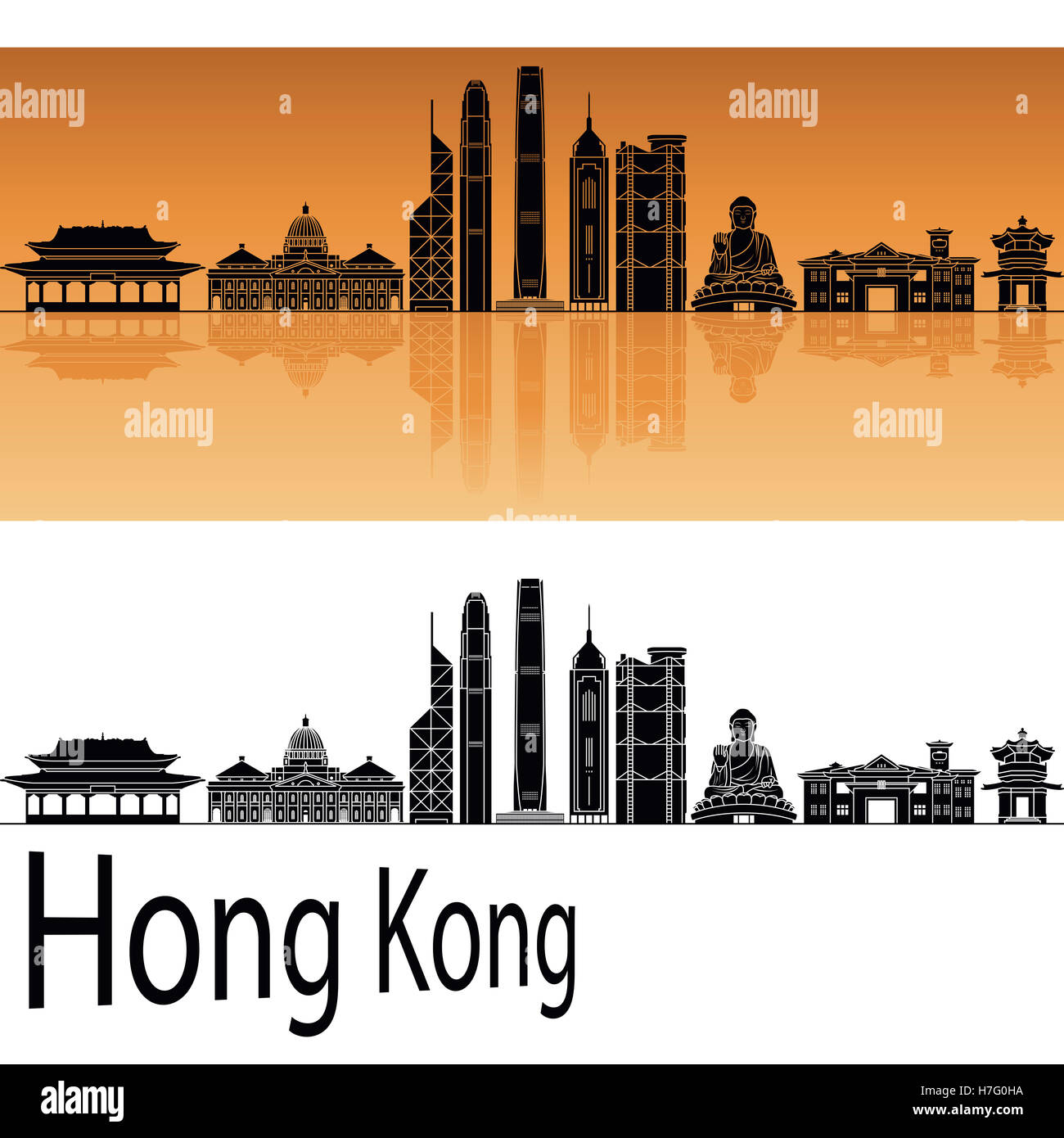 Hong Kong skyline V2 à fond orange en fichier vectoriel éditable Banque D'Images