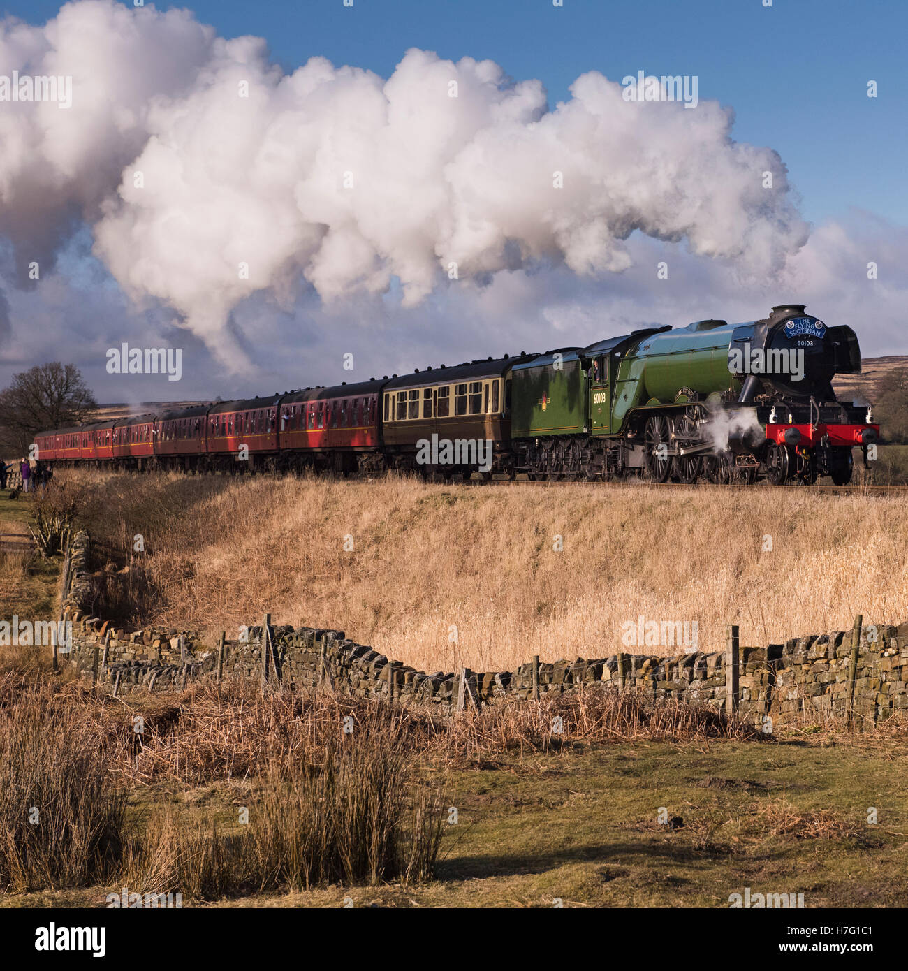 Ciel bleu & célèbre train (Locomotive à vapeur, Classe A3 60103 LNER Flying Scotsman) Voyages sur les voies - scenic North Yorkshire Moors Railway, England, GB. Banque D'Images