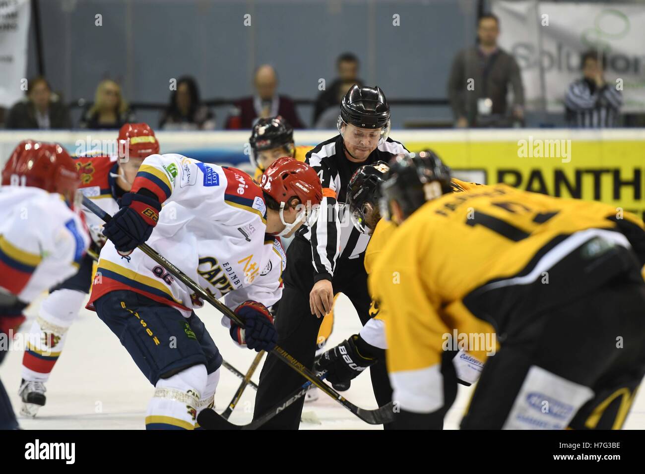 Le hockey sur glace d'officiel, d'abandonner la rondelle au cours d'une ouverture face off Banque D'Images