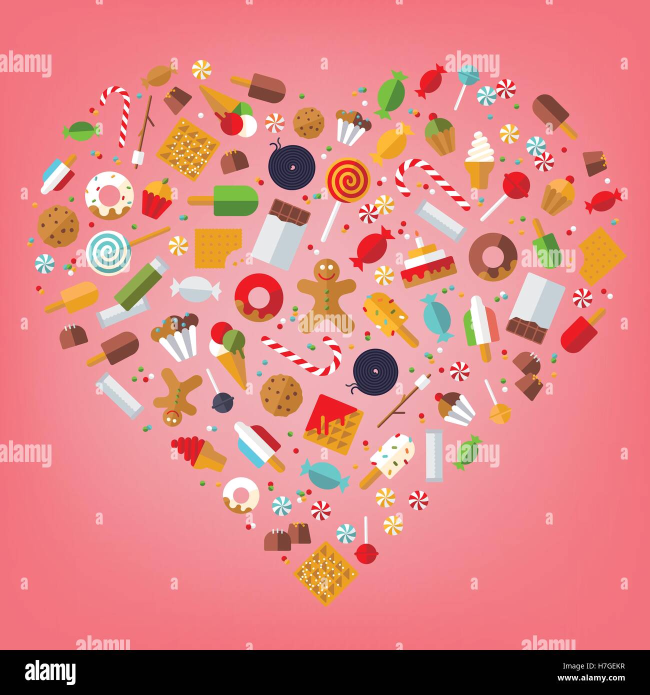 Bonbons, bonbons, biscuits, sucettes glacées, glaces et gâteaux icônes disposées en forme de coeur sur fond rose, modèle plat Illustration de Vecteur