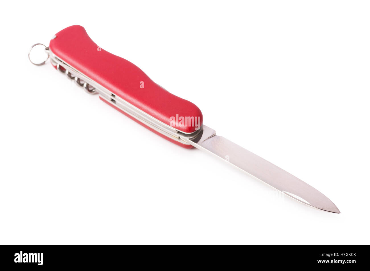 Couteau multifonction rouge isolé sur fond blanc Banque D'Images