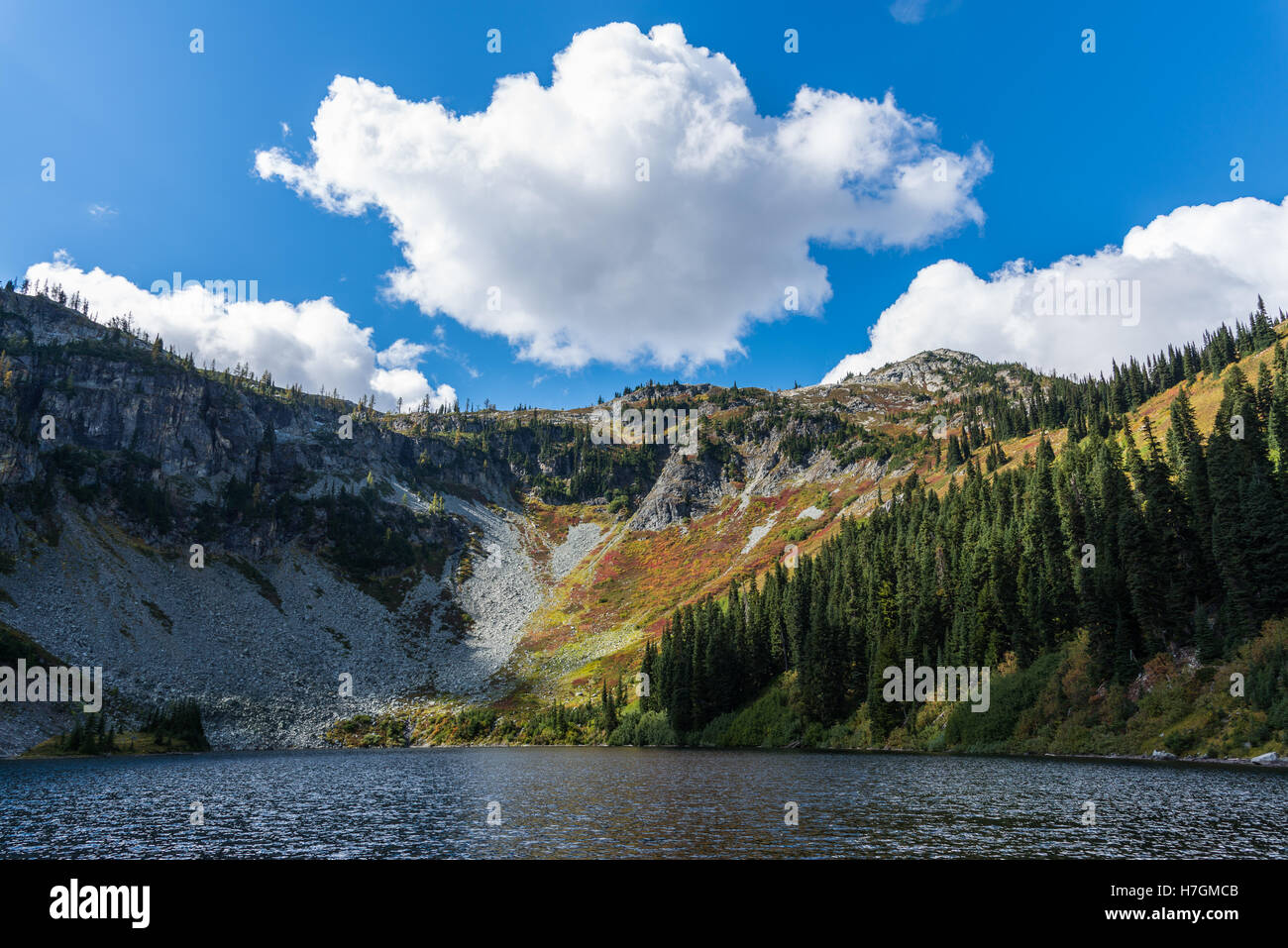 Couleurs d'automne décorez le mur de pierre à Ann Lake, un cirque glaciaire, dans le parc national des North Cascades, Washington State, USA. Banque D'Images