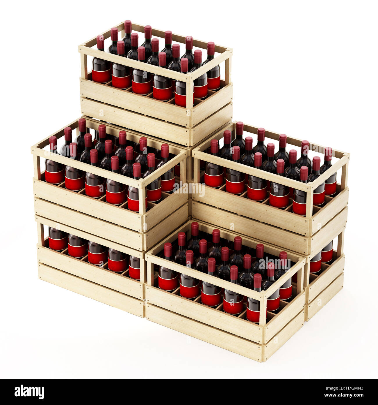 Caisse en bois de vin rouge isolé sur fond blanc. 3D illustration. Banque D'Images