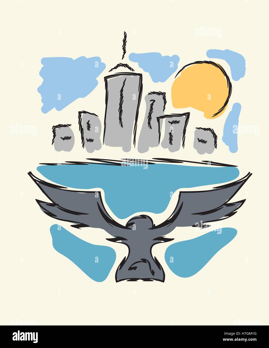 Vol d'oiseau de la ville moderne d'illustration vectorielle, dessin à la main Illustration de Vecteur