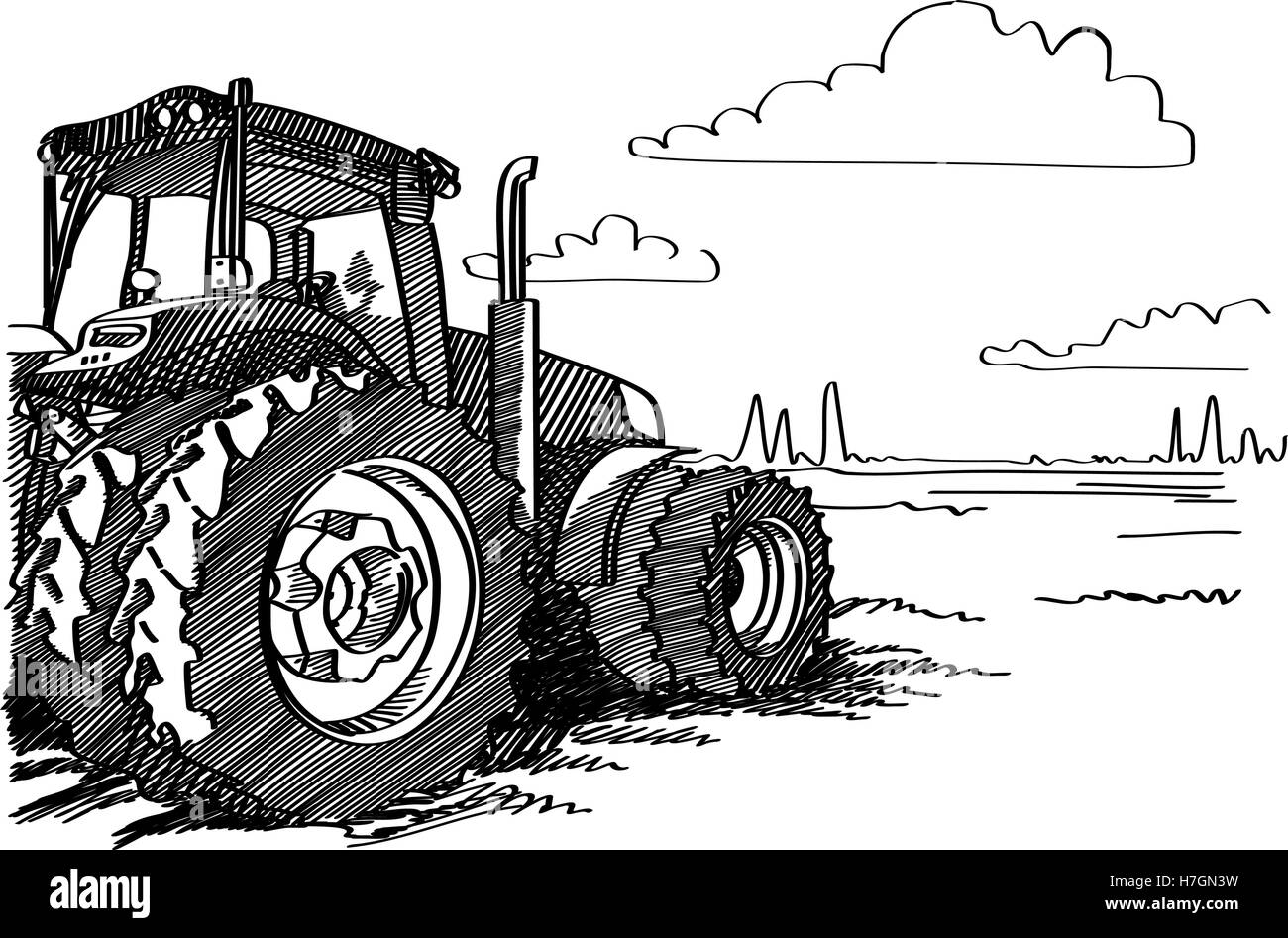 Le tracteur sur un champ. Freehand vecteur icône dessiné à la main d'encre linéaire photo sketchy dans art pen style gribouillis sur papier. Vue latérale wit Illustration de Vecteur
