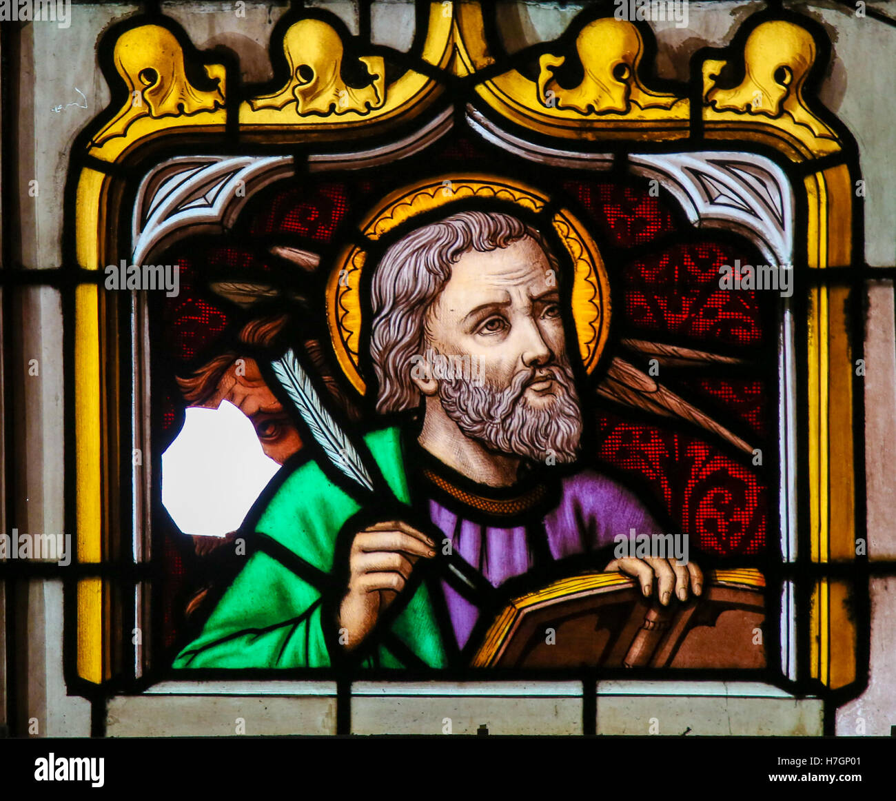 Vitrail représentant saint Marc l'Évangéliste, dans la Cathédrale de Saint Rumbold à Mechelen, Belgique. Banque D'Images