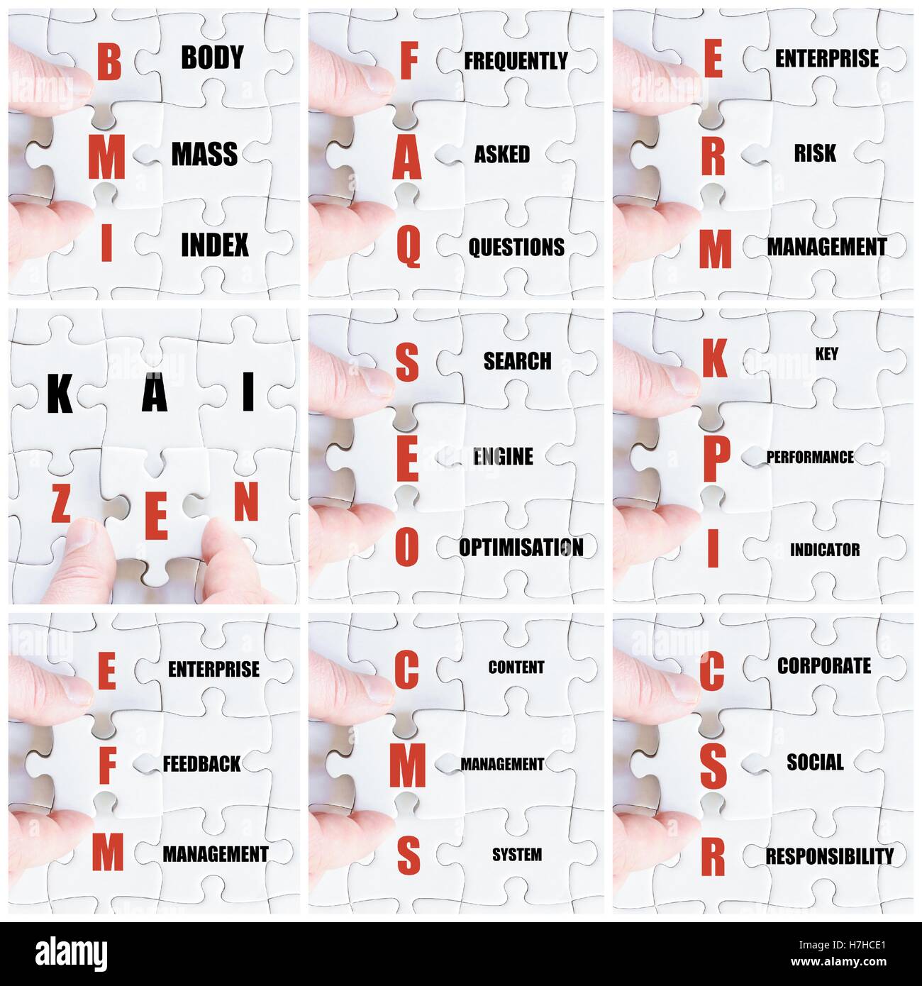 Collage Photo avec la main de l'homme d'affaires de remplir le puzzle avec la dernière pièce manquante Banque D'Images