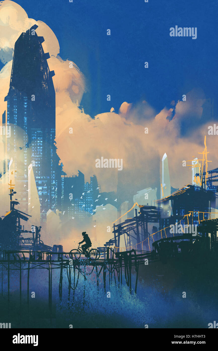 Cityscape sci-fi avec slum et gratte-ciel futuristes,illustration peinture Banque D'Images