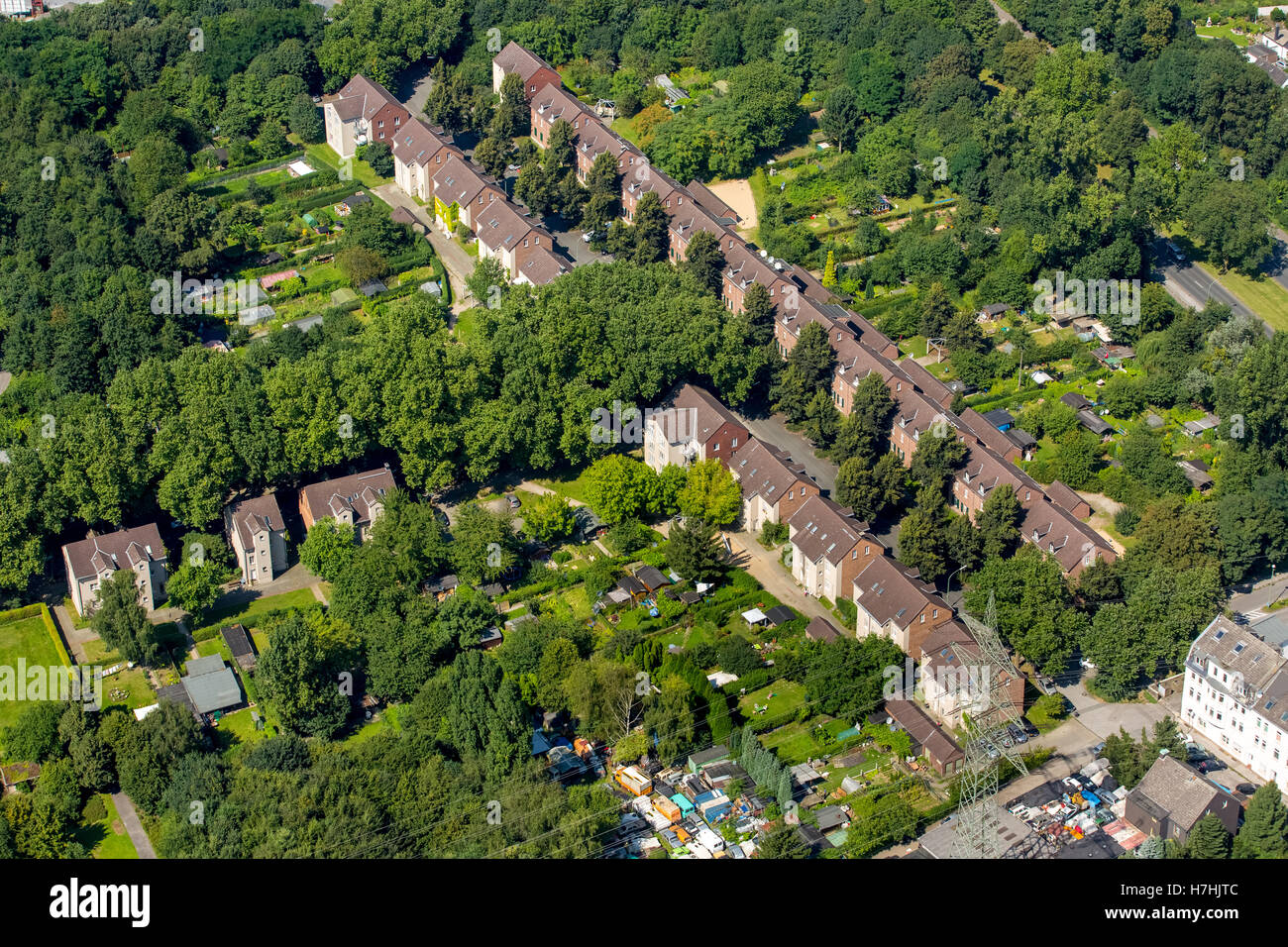 Vue aérienne, ensemble immobilier historique, les mines de charbon, de règlement des maisons appartenant à l'ex-mine Nordstern, maisons en rangée Banque D'Images