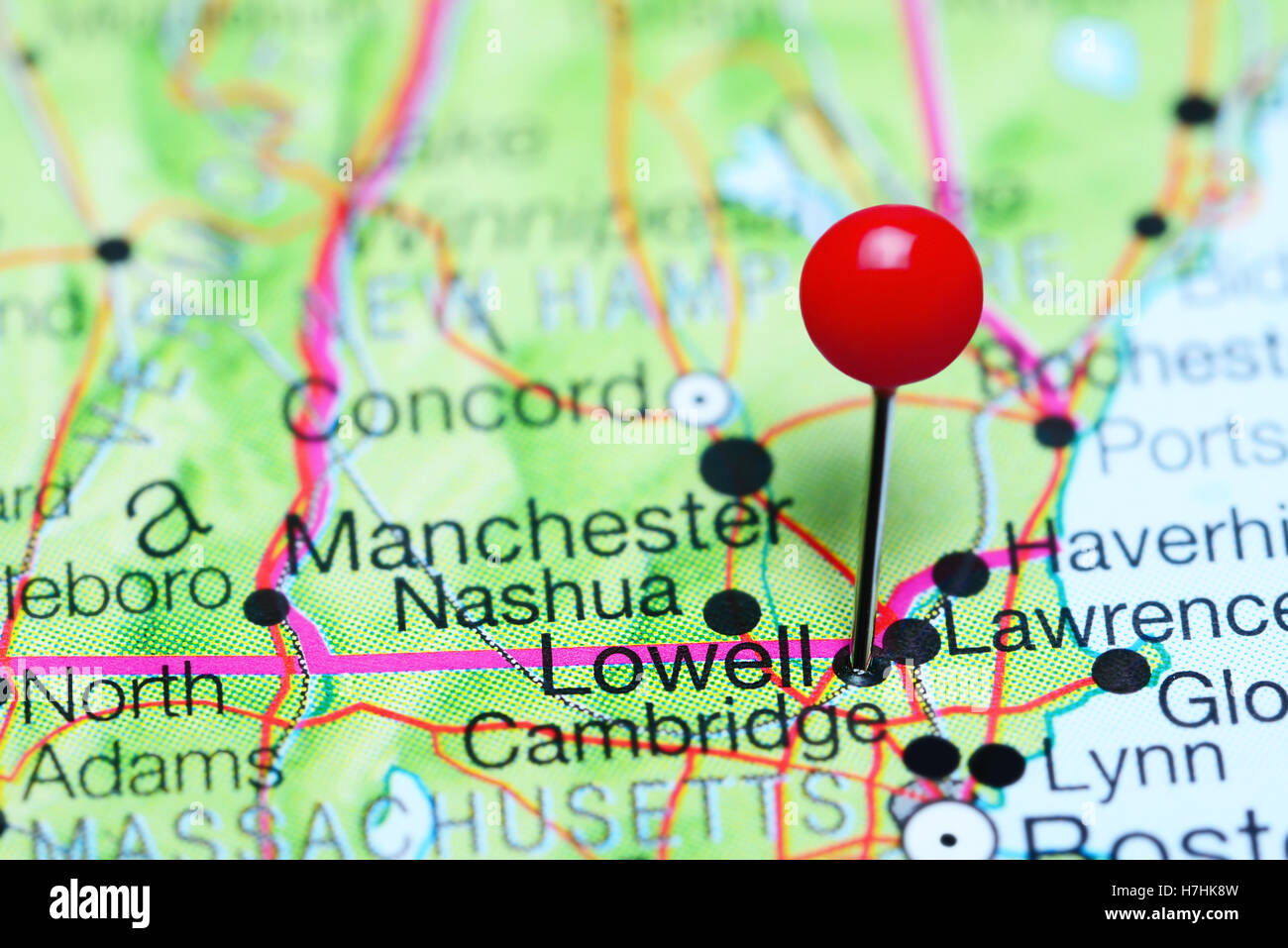 Lowell coincé sur une carte de Massachusetts, États-Unis Banque D'Images