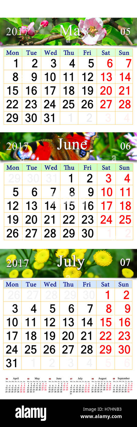 Calendrier de bureau pendant trois mois mai juin et juillet 2017 avec les photos de la nature Banque D'Images