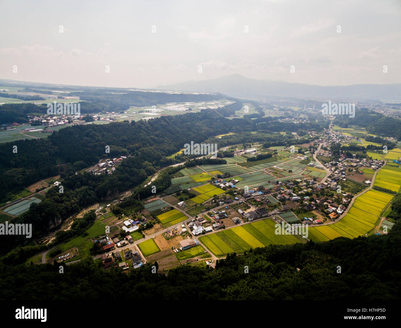 Vue aérienne de la terrasse donnant sur la rivière, Numata City, Préfecture de Gunma, Japon Banque D'Images