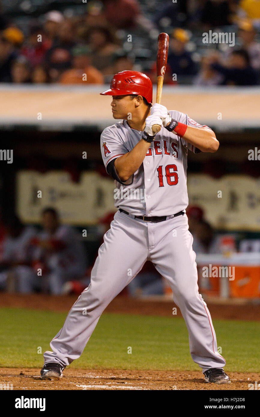 13 septembre 2011 ; Oakland, CALIFORNIE, États-Unis; Hank Conger (16 ans), attrapeur des Angels de Los Angeles, à la batte contre les Oakland Athletics lors de la troisième manche à l'O.co Coliseum. Los Angeles a battu Oakland 6-3. Banque D'Images