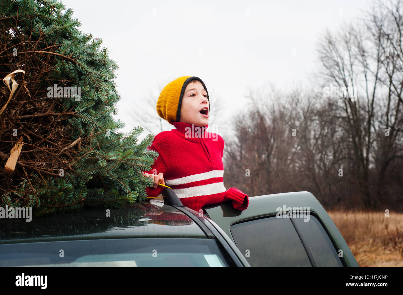 Jeune garçon avec un arbre de Noël sur le toit de la voiture Banque D'Images