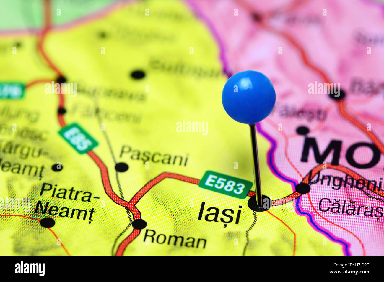 Iasi épinglée sur une carte de la Roumanie Banque D'Images