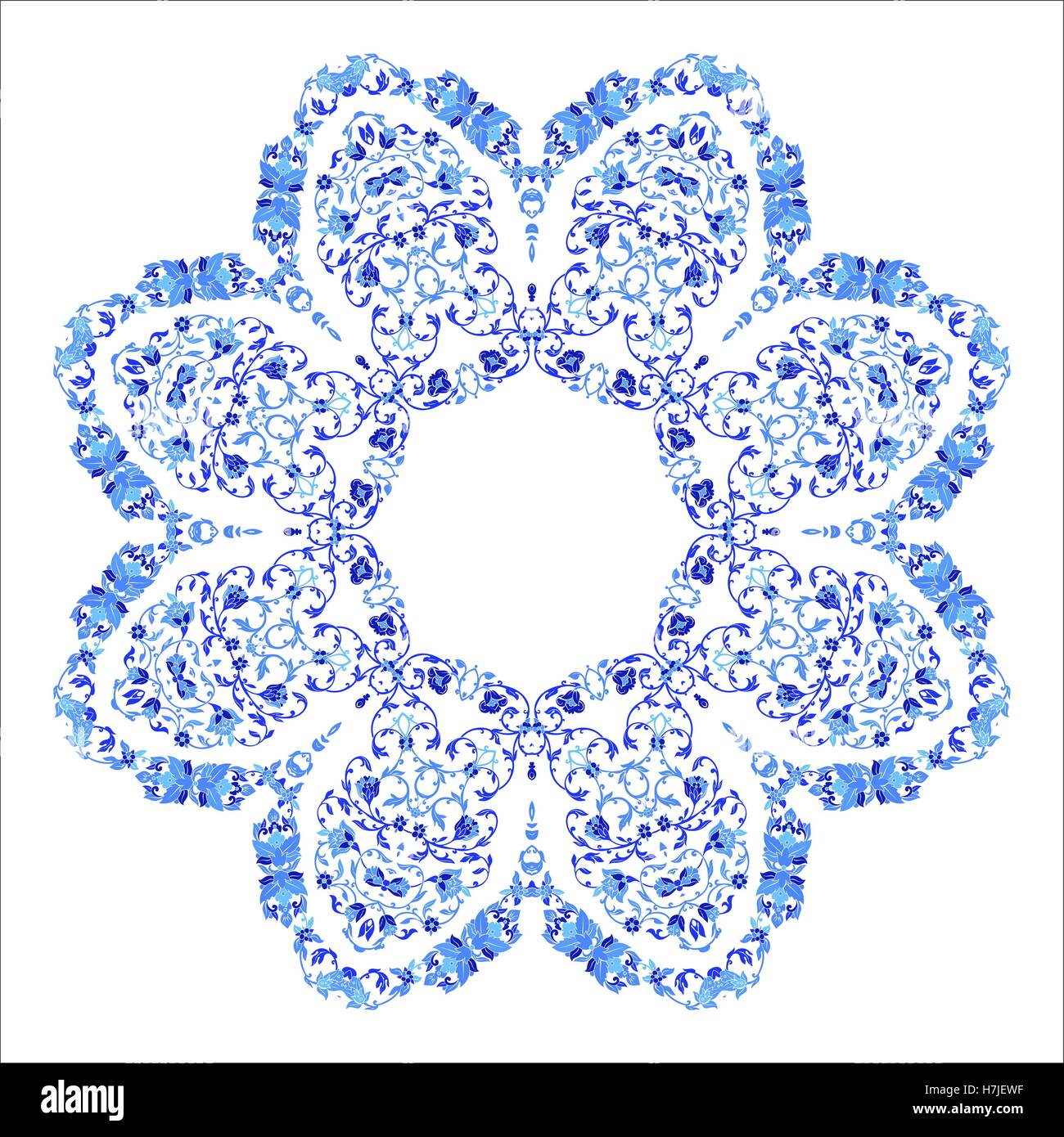 Cycle indien parure, motif floral kaléidoscopique, mandala. Design made in Russian style gzhel et couleurs. Illustration de Vecteur