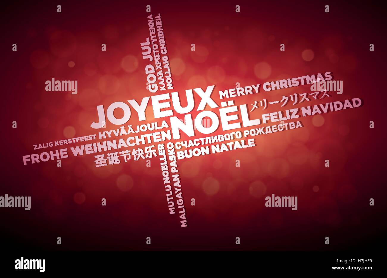 Multi langue Joyeux Noël design typographique. Texte français est au milieu de la page. Nuage de mots dans différentes langues. Illustration de Vecteur