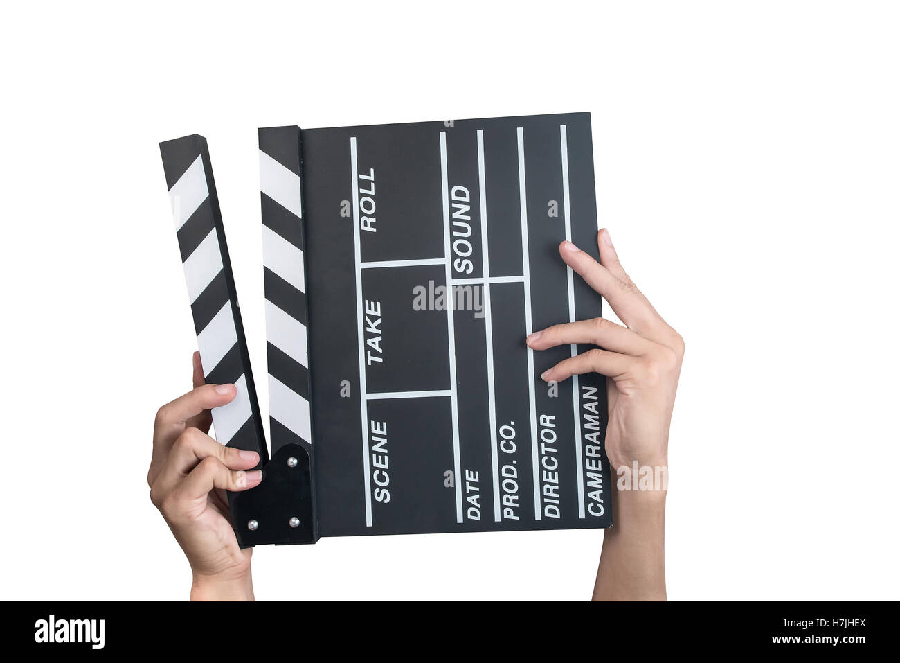 Homme tenant la production de film clapper board isolé sur fond blanc Banque D'Images