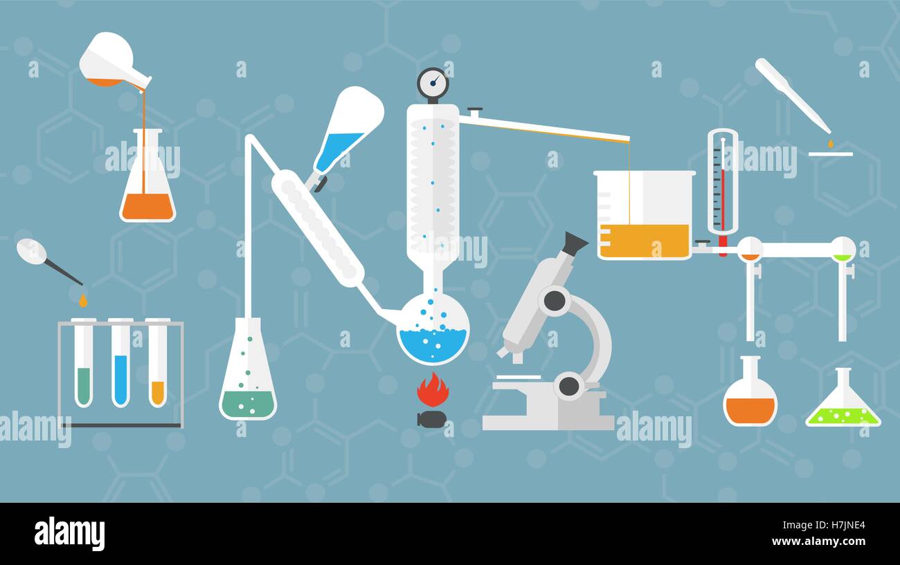 Les tubes de laboratoire chimique et verres, microscope, les liquides et les réactifs. Illustration de Vecteur