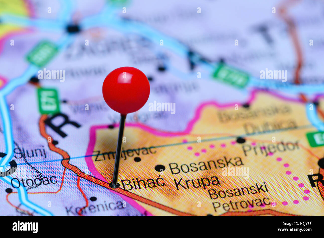 Bihac coincé sur une carte de la Bosnie-et-Herzégovine Banque D'Images