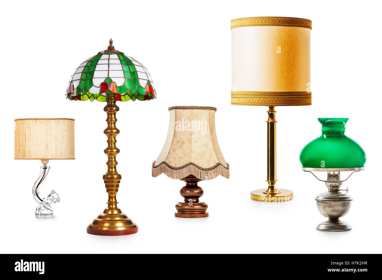 Vieille table et lampadaires. Collection d'objets d'intérieur isolé sur fond blanc. Éléments de conception. Retro style Banque D'Images