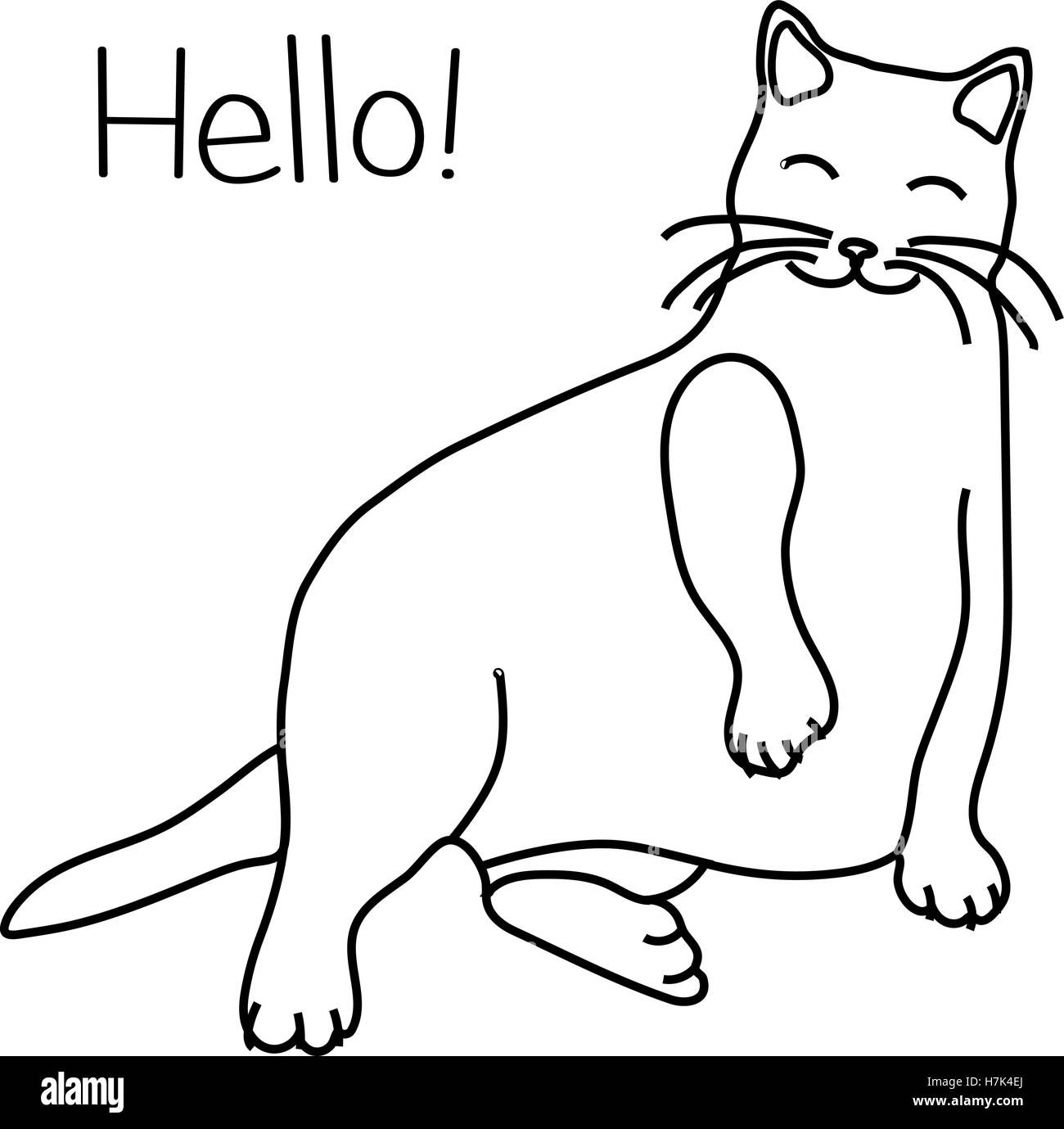 Cute cat sitting in a funny pose. Vector illustration en noir et blanc de style. Illustration de Vecteur