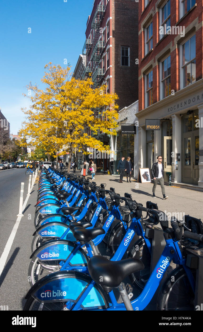Une ligne d'un service de location de vélos Vélo Citi sur une rue de la ville de New York à l'automne Banque D'Images