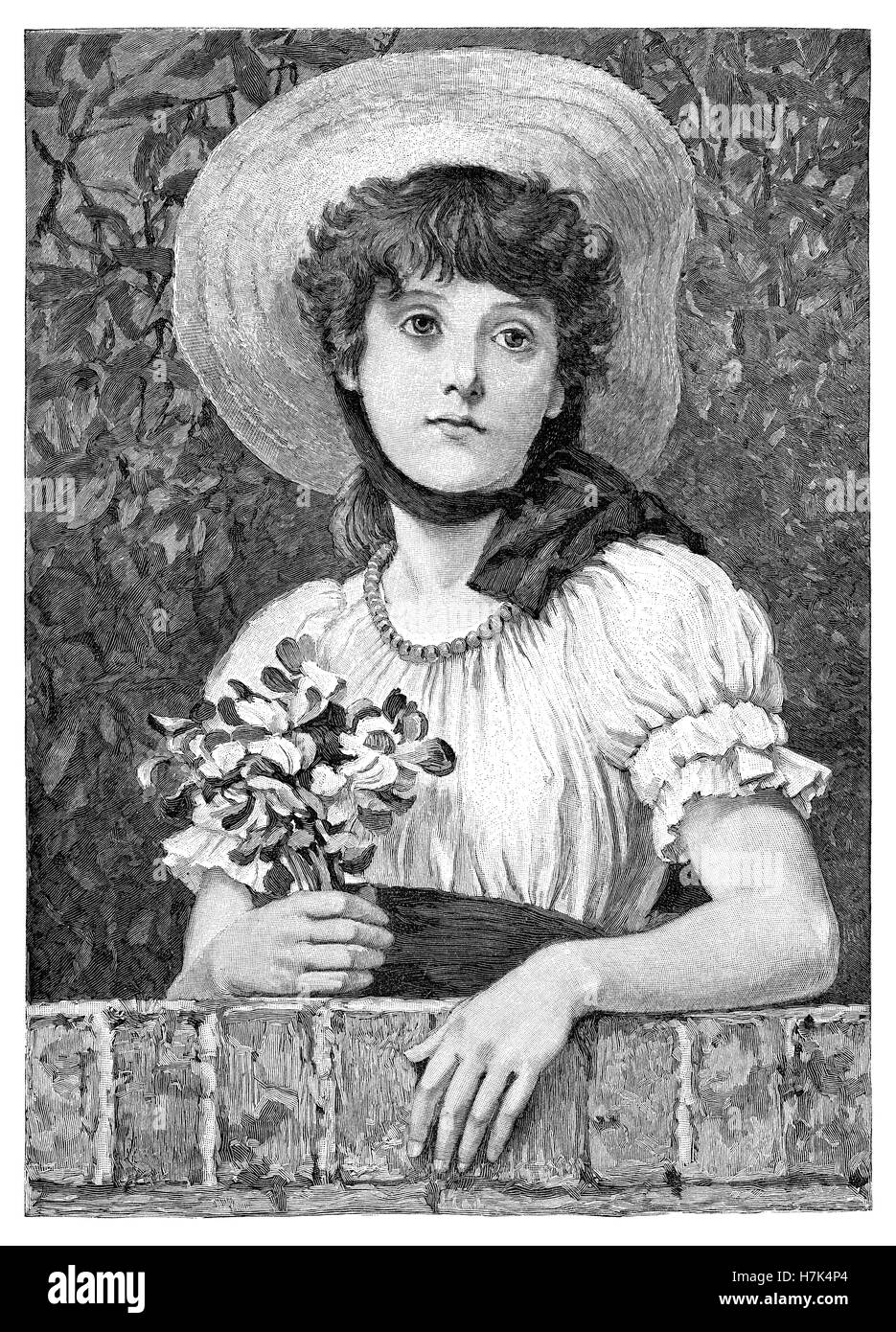 Noir et blanc 1883 gravure de E. Schladitz d'une peinture originale par George Leslie Dunlop R.A. intitulé 'weetpeas» Banque D'Images